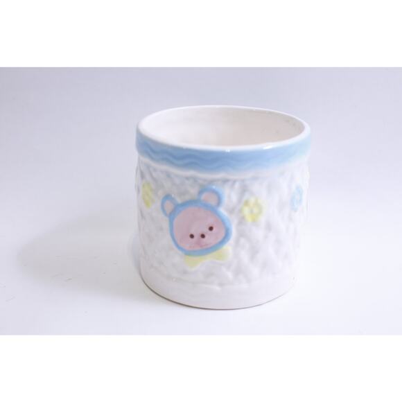 Adorable Animals, Planter, White Blue, 4" High, Round, Bunny, Elephant, Bear, - Picture 1 of 3